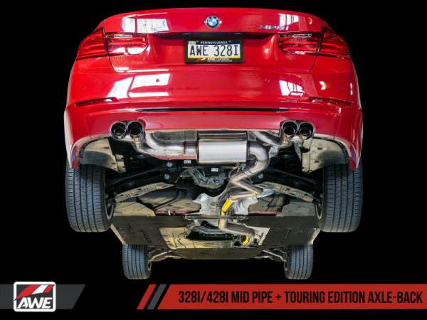 AWE Tuning BMW F3X N20 N26 328i 428i Touring Edition Exhaust Quad Outlet - 80mm Chrome Silver Tips Fashion